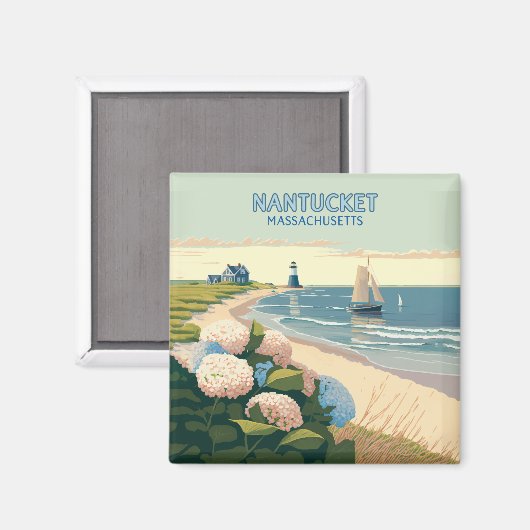 Aimant Nantucket Beach Hydrangeas Lighthouse Rétro (Recto/Verso)
