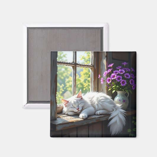 Aimant Napping White Cat and Purple Flowers  (Recto/Verso)
