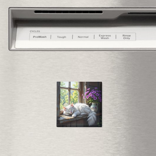 Aimant Napping White Cat and Purple Flowers (In Situ (Lave-vaisselle))