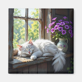 Aimant Napping White Cat and Purple Flowers (Devant)