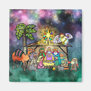 Aimant Nativité de Noël aquarelle Doodle Scène