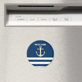 Aimant Nautical, Gold Anchor Navy Blue Striped (In Situ (Lave-vaisselle))
