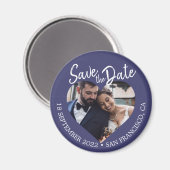 Aimant Navy Blue Photo Modern Script Save the Date (Recto/Verso)