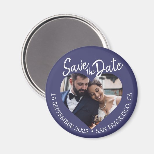 Aimant Navy Blue Photo Modern Script Save the Date (Recto/Verso)