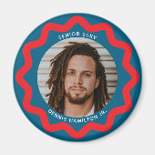 Aimant Navy Blue Red Wavy Circle Photo Frame with Text (Devant)