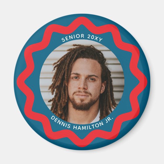 Aimant Navy Blue Red Wavy Circle Photo Frame with Text (Devant)