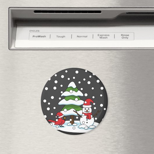 Aimant Neige tombant sur Cardinal, Snowman et Pine Tree (In Situ (Lave-vaisselle))
