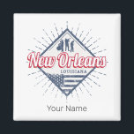 Aimant New Orleans City Louisiane États-Unis Vintage<br><div class="desc">La Nouvelle-Orléans en Louisiane, capitale de l'Amérique, le jazz vintage et le blues design souvenir. La Nouvelle-Orléans rétro ville drapeau américain design pour voyager aux États-Unis et Mississippi River ou vacances en Louisiane. New Orleans avec groupe de jazz et blues pour les vacances aux USA. Capitale de la Nouvelle-Orléans aux...</div>