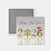 Aimant New Year 2026 Golden with Snowflake and Santa Hat (Recto/Verso)