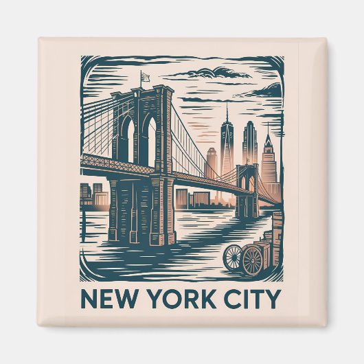 Aimant New York City Brooklyn Bridge Bold Retro Skyline (Devant)