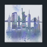 Aimant New York Skyline - Aquarelle bleue<br><div class="desc">New York Skyline Watercolor Splash Blue par Fab Funky. Vous y trouverez de célèbres monuments de New York dans un style aquarelle.</div>