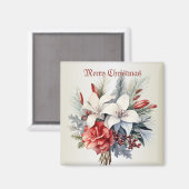 Aimant Noël Blanc Fleurs Rouges Vacances Élégant (Recto/Verso)