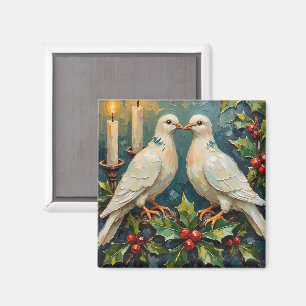 Aimant Noël Couronne de houx et colombes blanches vintage