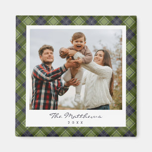 Aimant Noël de photo de famille à carreaux vert rustique