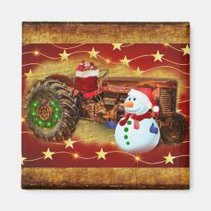Aimant Noël du tracteur rouge Vintage Frosty
