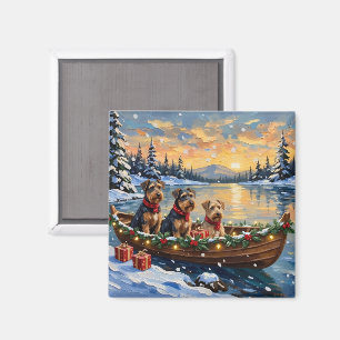 Aimant Noël en bateau avec Airedale Terrier
