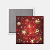 Aimant Noël Golden Snowflakes sur Arrière - plan rouge (Recto/Verso)