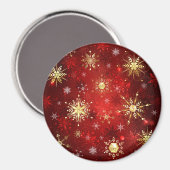 Aimant Noël Golden Snowflakes sur Arrière - plan rouge (Recto/Verso)