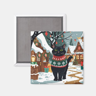 Aimant Noël neigeux au chat noir