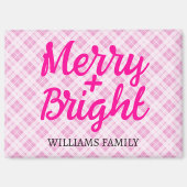 Aimant Noël rose tartan Joyeux Bright Nom de famille (Recto)