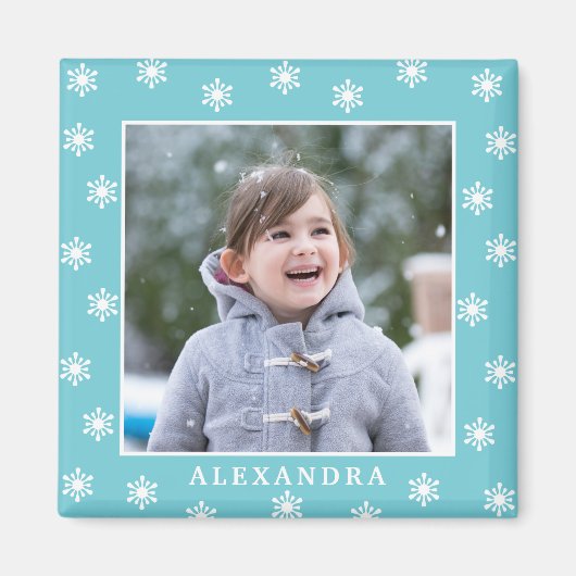 Aimant Noël Snowflakes Nom photo Blue (Devant)