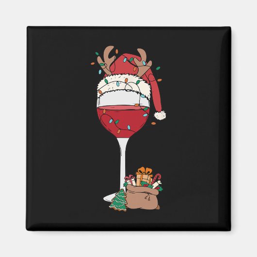 Aimant Noël Verre rouge Vin Santa Hat Reindeer Fun Xm (Devant)