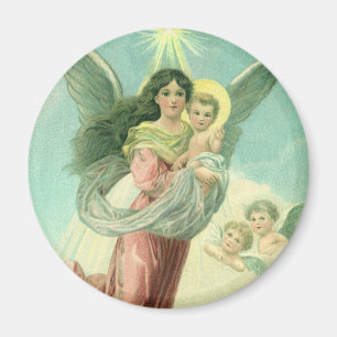 Aimant Noël vintage, ange victorien avec l'enfant Jésus
