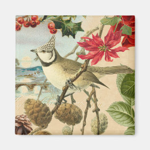 Aimant Noël vintage avec oiseau et fleur rouge