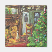 Aimant Noël vintage, chalet confortable avec cheminée (Devant)
