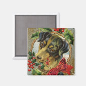 Aimant Noël vintage, chiot teckel avec houx (Recto/Verso)