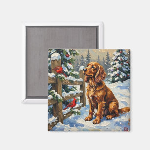 Aimant Noël Vintage Cocker Spaniel et cardinaux