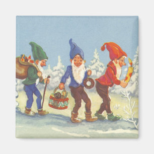 Aimant Noël vintage, Elfes dans la forêt enneigée d'hiver