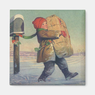 Aimant Noël vintage, enfant avec le grand paquet