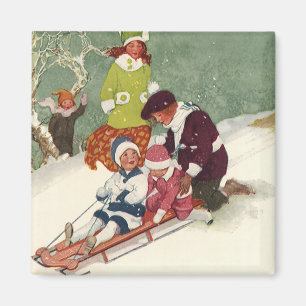 Aimant Noël vintage, enfants faisant de la luge dans la n
