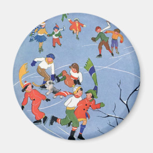 Aimant Noël vintage, enfants patinant sur un lac