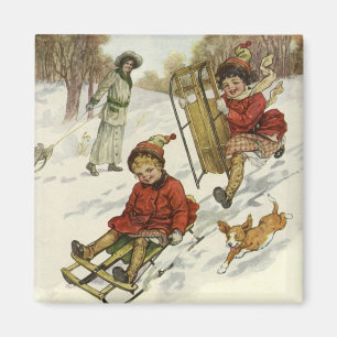 Aimant Noël Vintage, Enfants Victoriens Dormir Chien