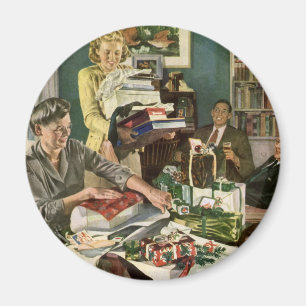 Aimant Noël Vintage, Famille Heureuse Emballant des Cadea