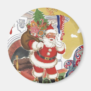Aimant Noël vintage, joyeux Père Noël avec cadeaux