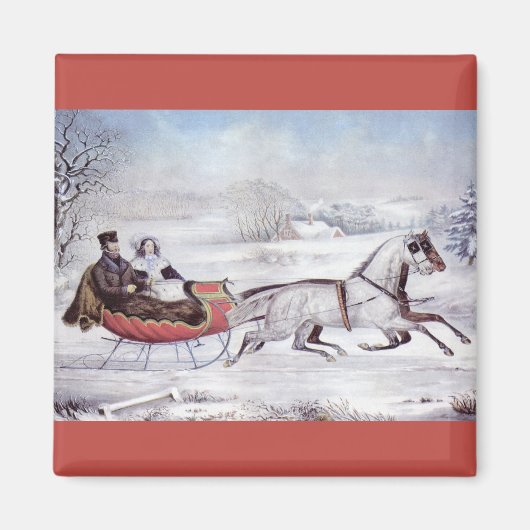 Aimant Noël Vintage, La Route Hiver, Cheval Sleigh (Devant)