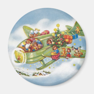 Aimant Noël vintage, le Père Noël pilotant un avion