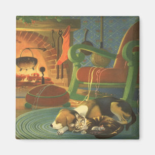 Aimant Noël Vintage, Les animaux dormant par cheminée