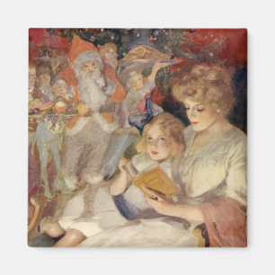 Aimant Noël vintage, mère lisant un conte de bonne nuit