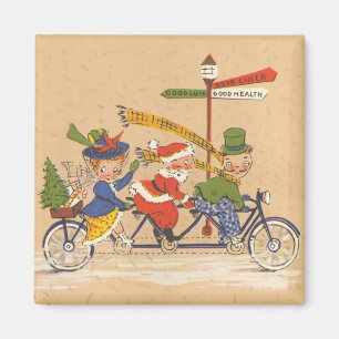 Aimant Noël vintage, Père Noël à vélo