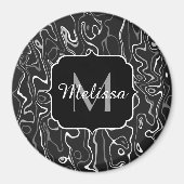 Aimant Noir blanc gris damas tourbillons abstraits Monogr (Devant)