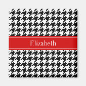 Aimant Noir Blanc Houndstooth Nom rouge Monogramme (Devant)