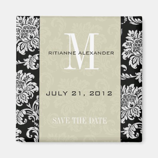 Aimant Noir Damask Gris Monogramme Enregistrer La Date (Devant)