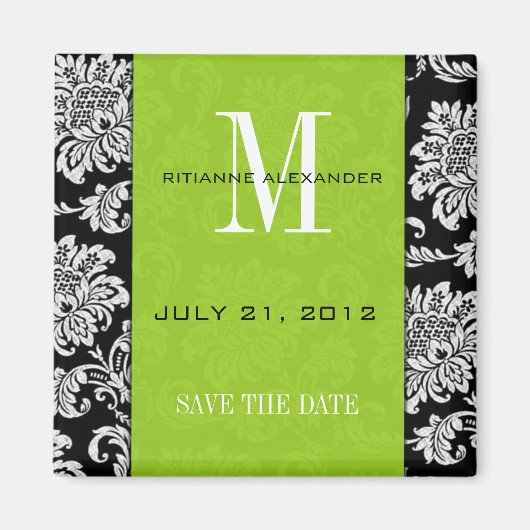 Aimant Noir Damask Monogramme Vert Enregistrer La Date (Devant)