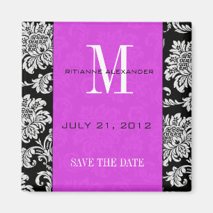 Aimant Noir Damask Plum Monogramme Enregistrer La Date