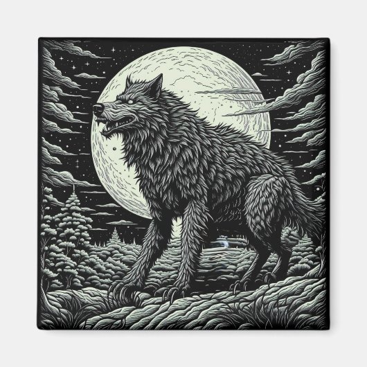 Aimant Noir et blanc Vintage Werewolf Ai Art (Devant)