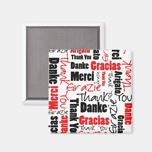 Aimant Noir et rouge Merci multilingue Nuage de mots (Recto/Verso)